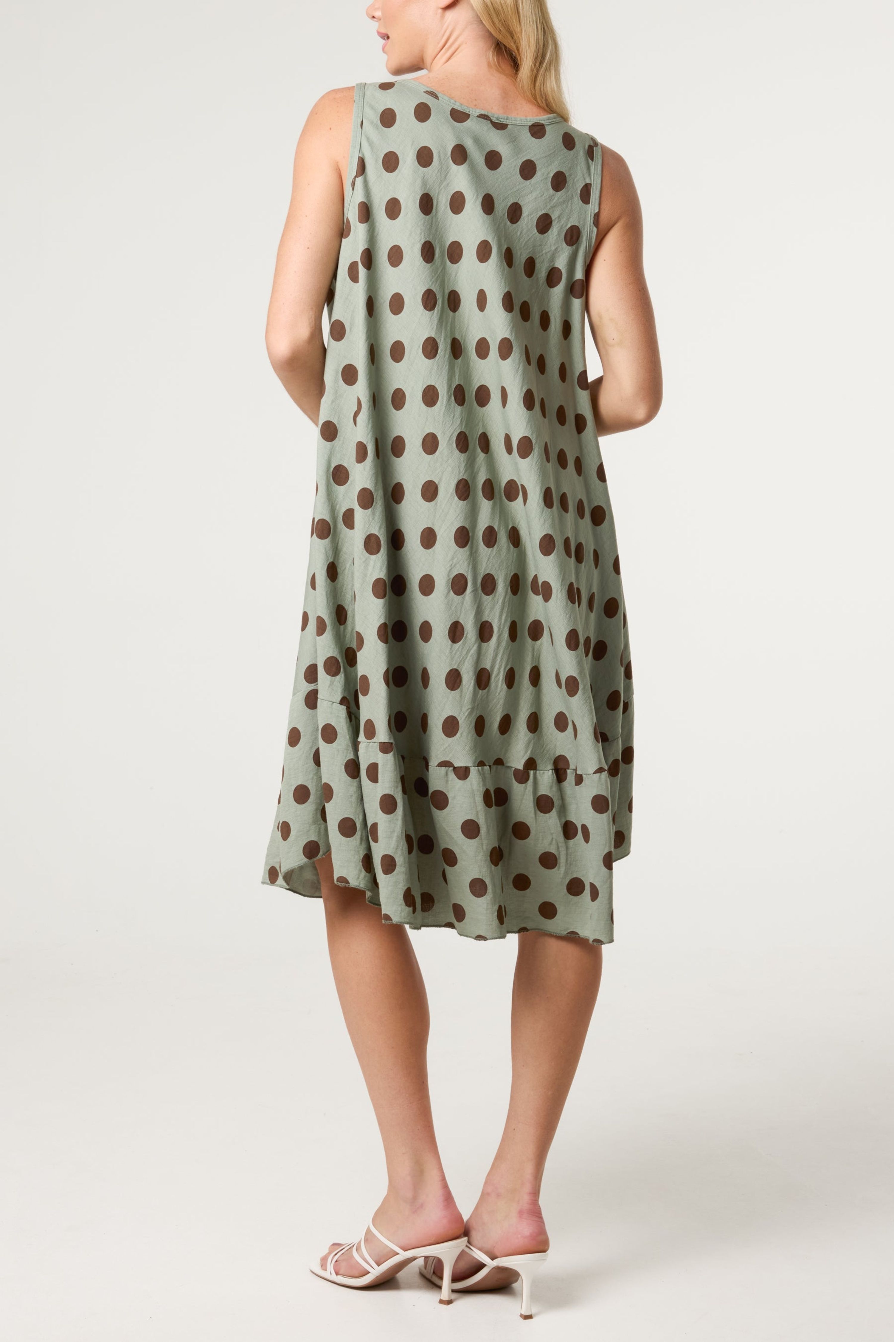 Blue Vanilla Green Polka Dot Linen Like Dress