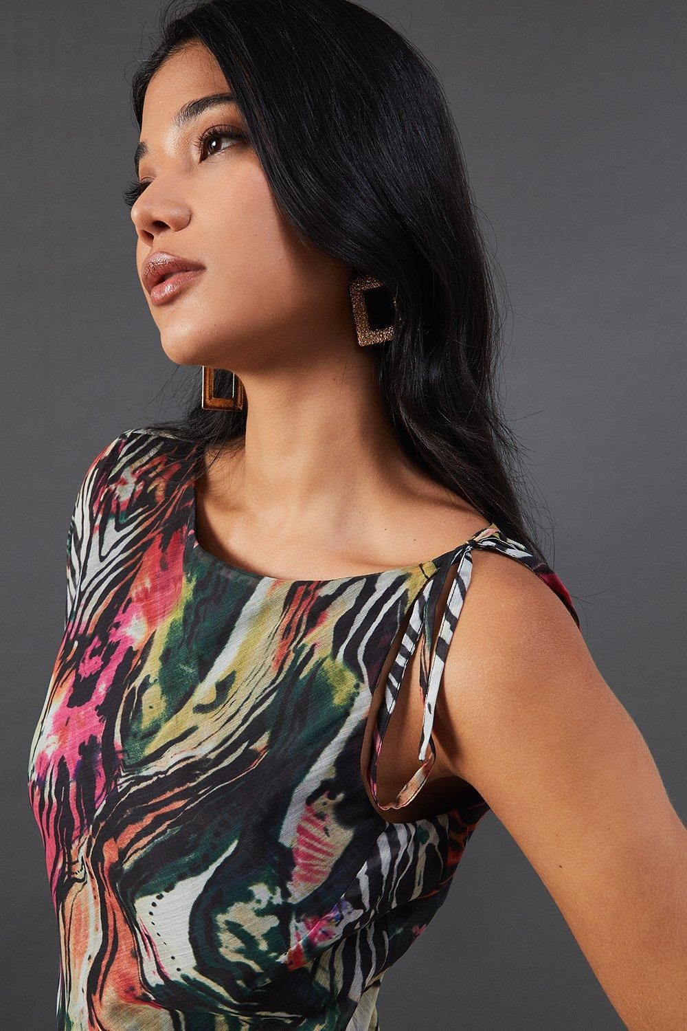 Warehouse Chiffon Printed One Shoulder Split Front Maxi Dress