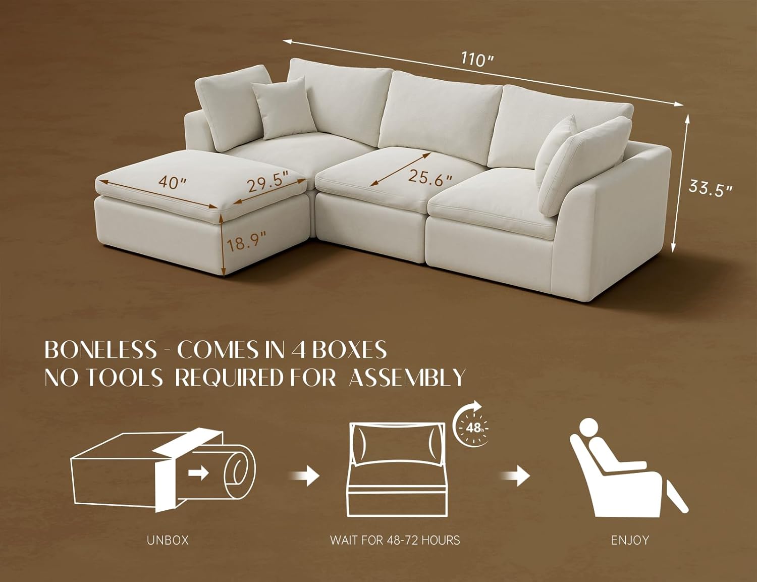 110 Cloud Sectional Couches for Living Room, Convertible L-Shape Couch with Ottoman, 3 Seater Modular Sectional Sofa, Warm White