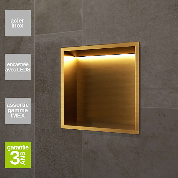 Niche de Douche Mural éclairage Led 33 x 33 cm - Rangement Salle de Bain en finition Or Brossé - INDIC