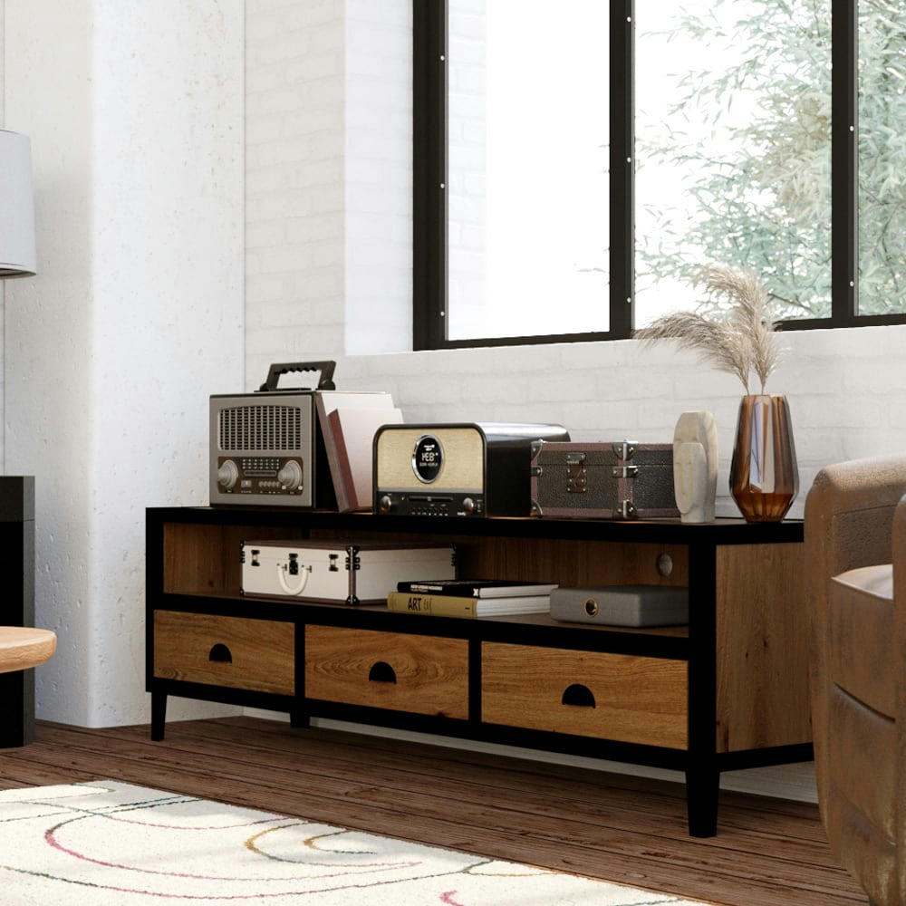 SHELBY - Meuble TV en bois de cèdre recyclé et métal 160 cm