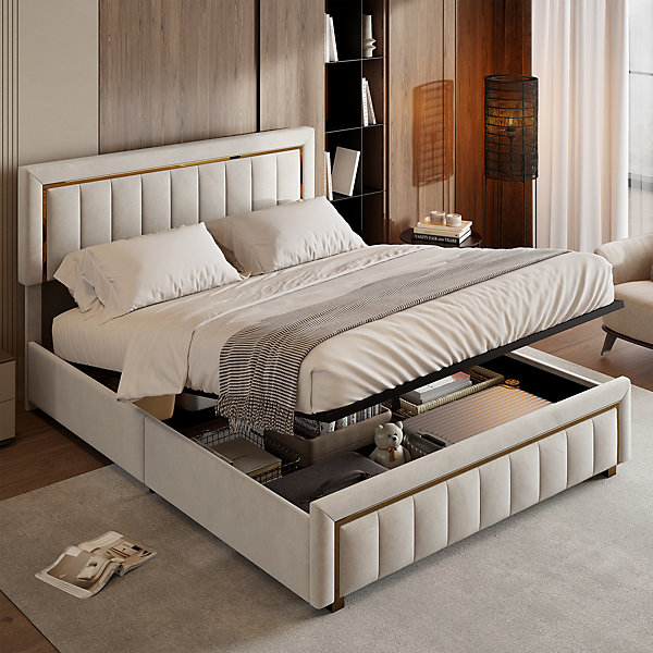 Lit double 160x200 cm en velours avec bordure dorée, tête de lit capitonnée, lit coffre avec espace de rangement, Beige