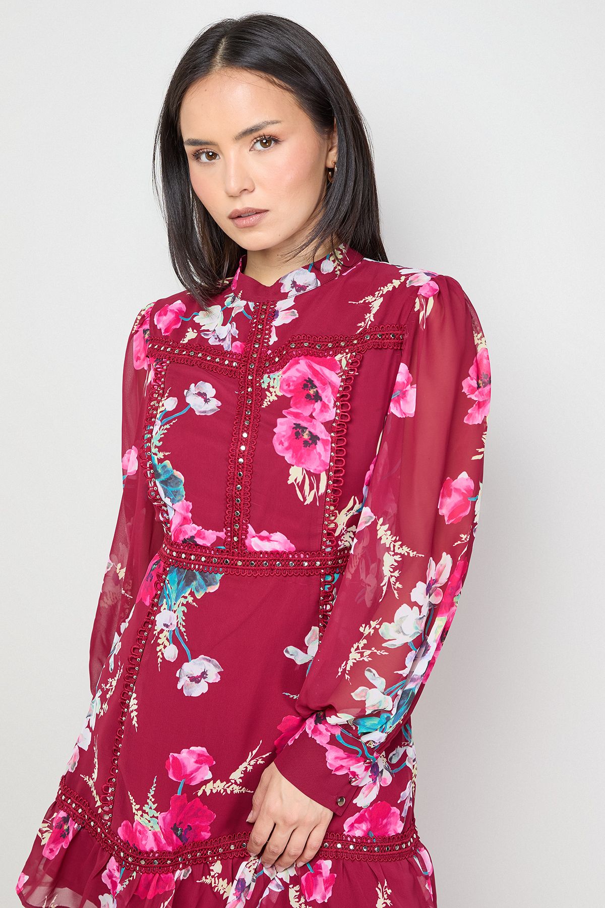 Oasis Petite Printed Stud Trim Chiffon Mini Dress