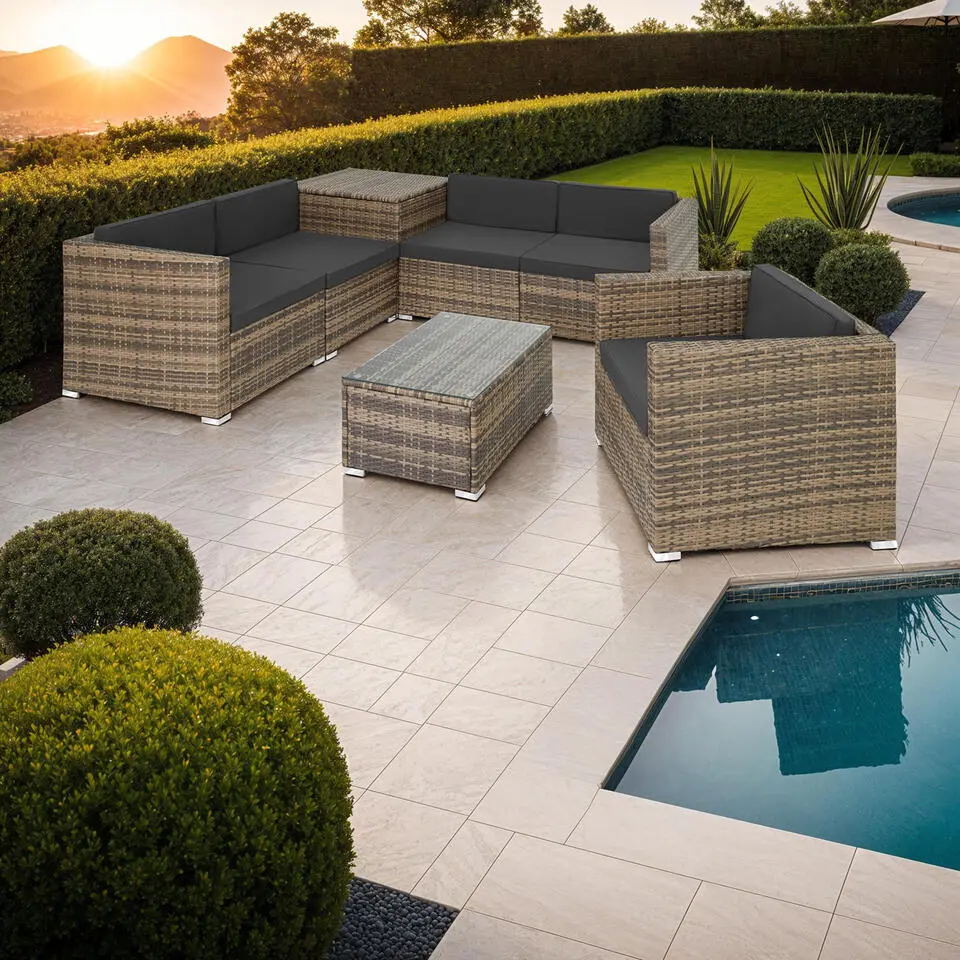 tectake - Loungeset Pisa met opbergbox kussens - wicker - naturel