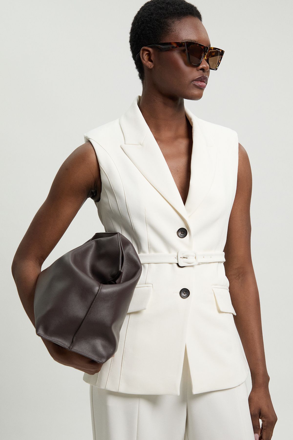 KarenMillen Tailored Structured Crepe Belted Sleeveless Blazer