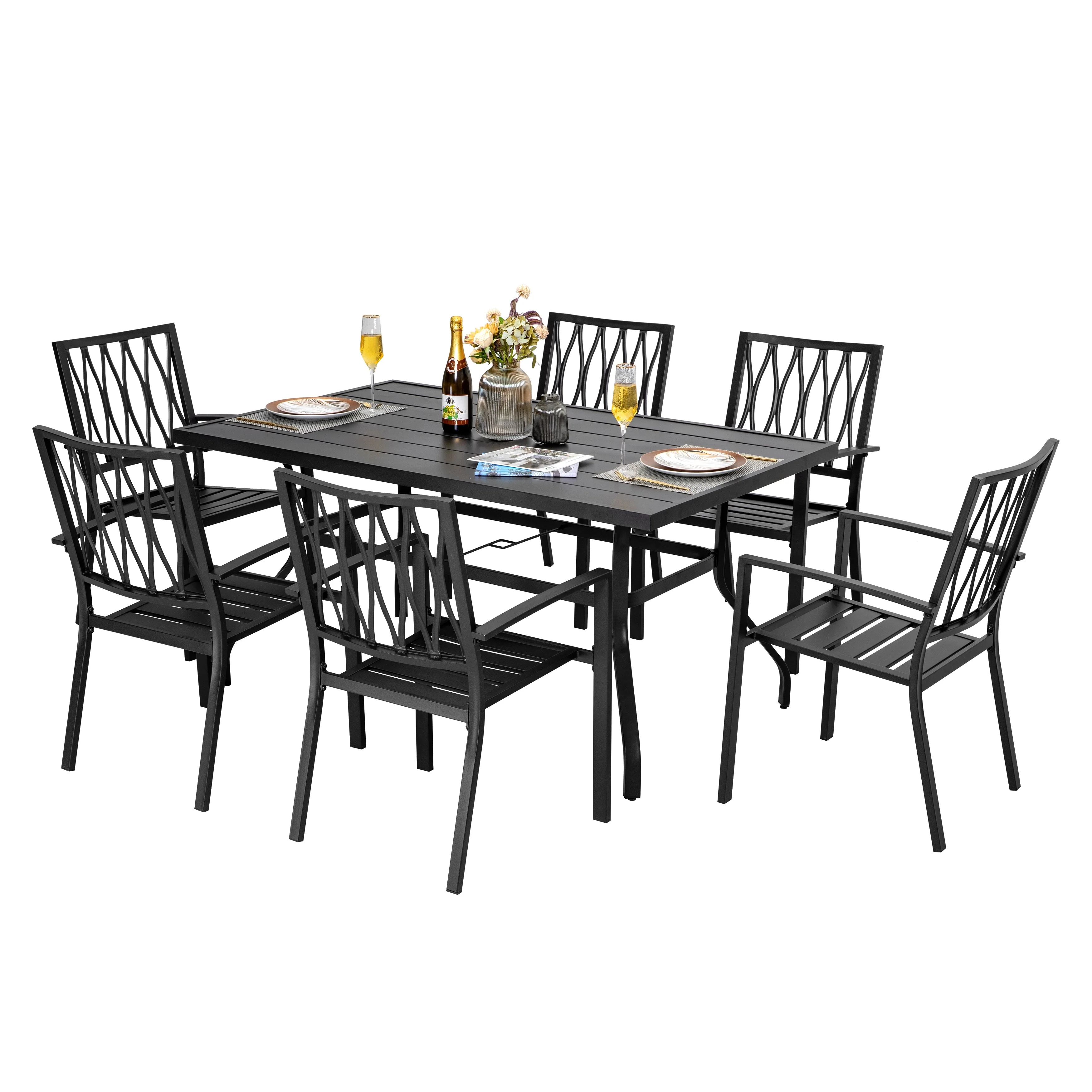 Outdoor 7-Piece Dining Set with Umbrella Hole, Black