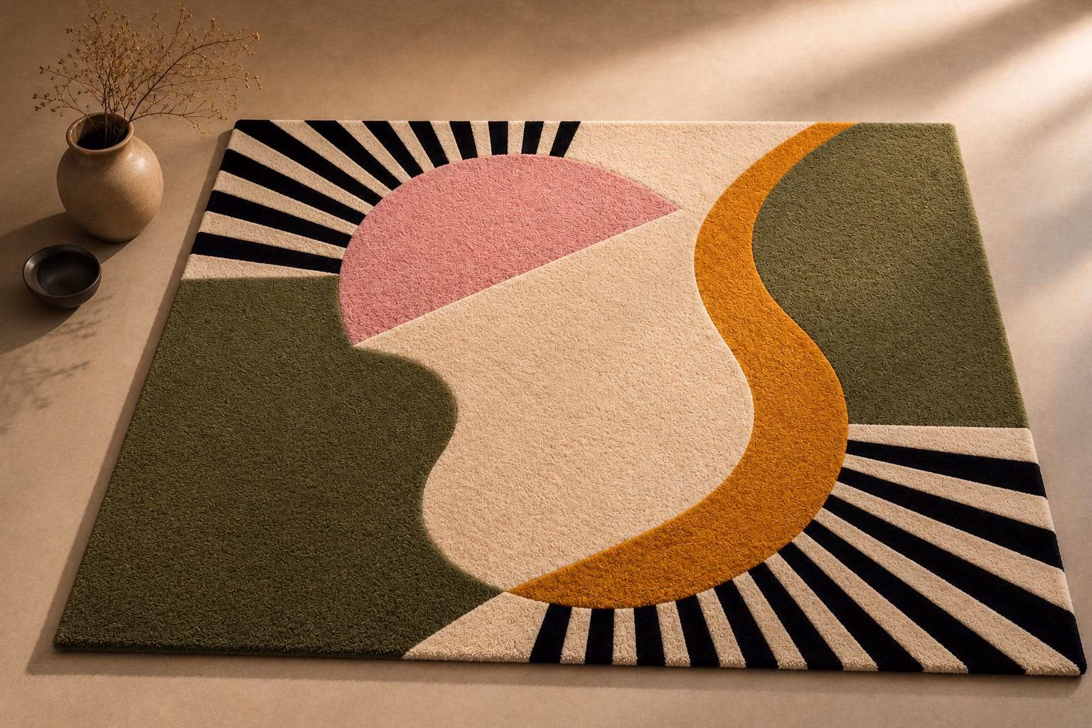 Modern Abstract Tufted Rug, Geometric Area Rug, Green Pink Cream Black Gold Decor