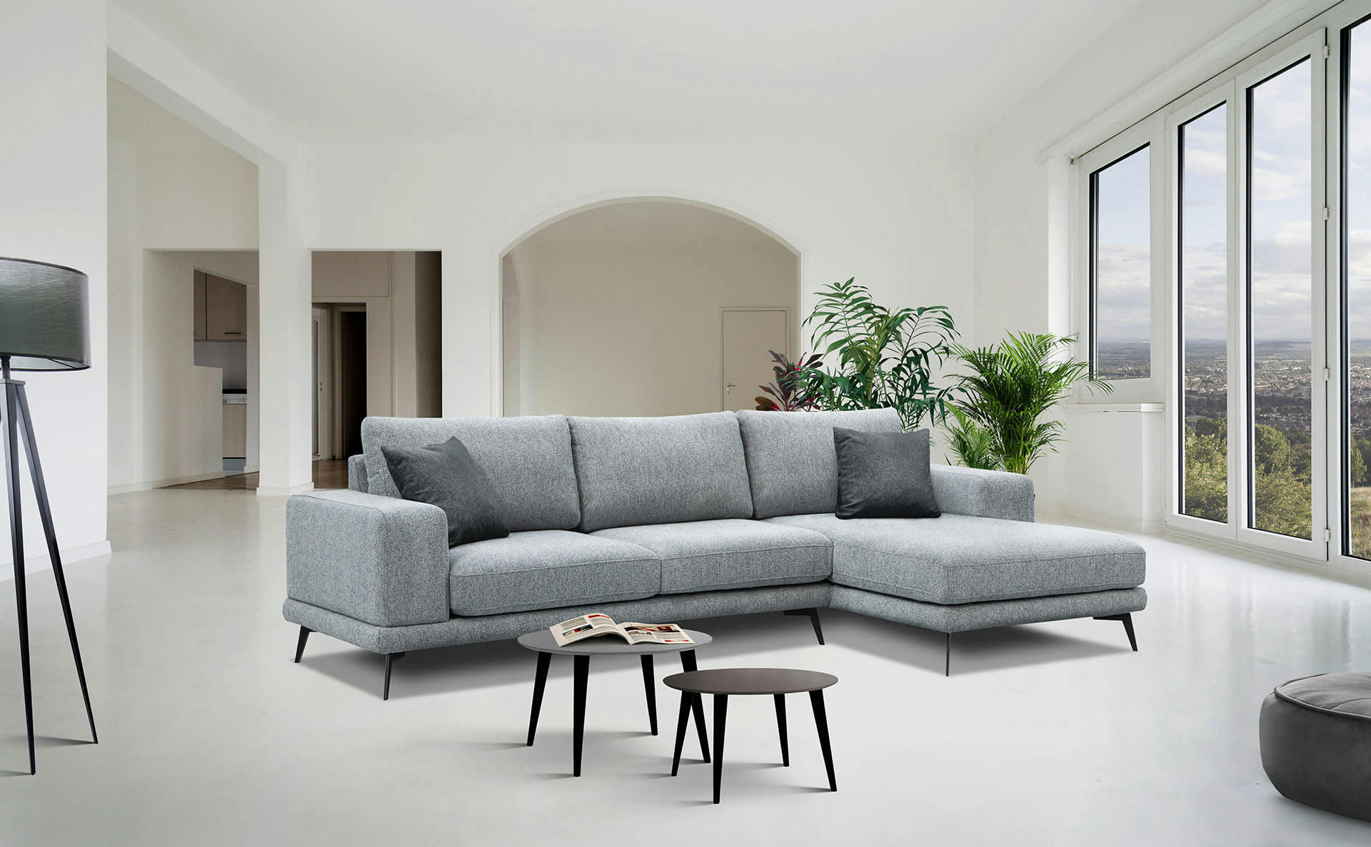 MEDIOLANE - Canapé d'angle droit 4 places tissu gris clair