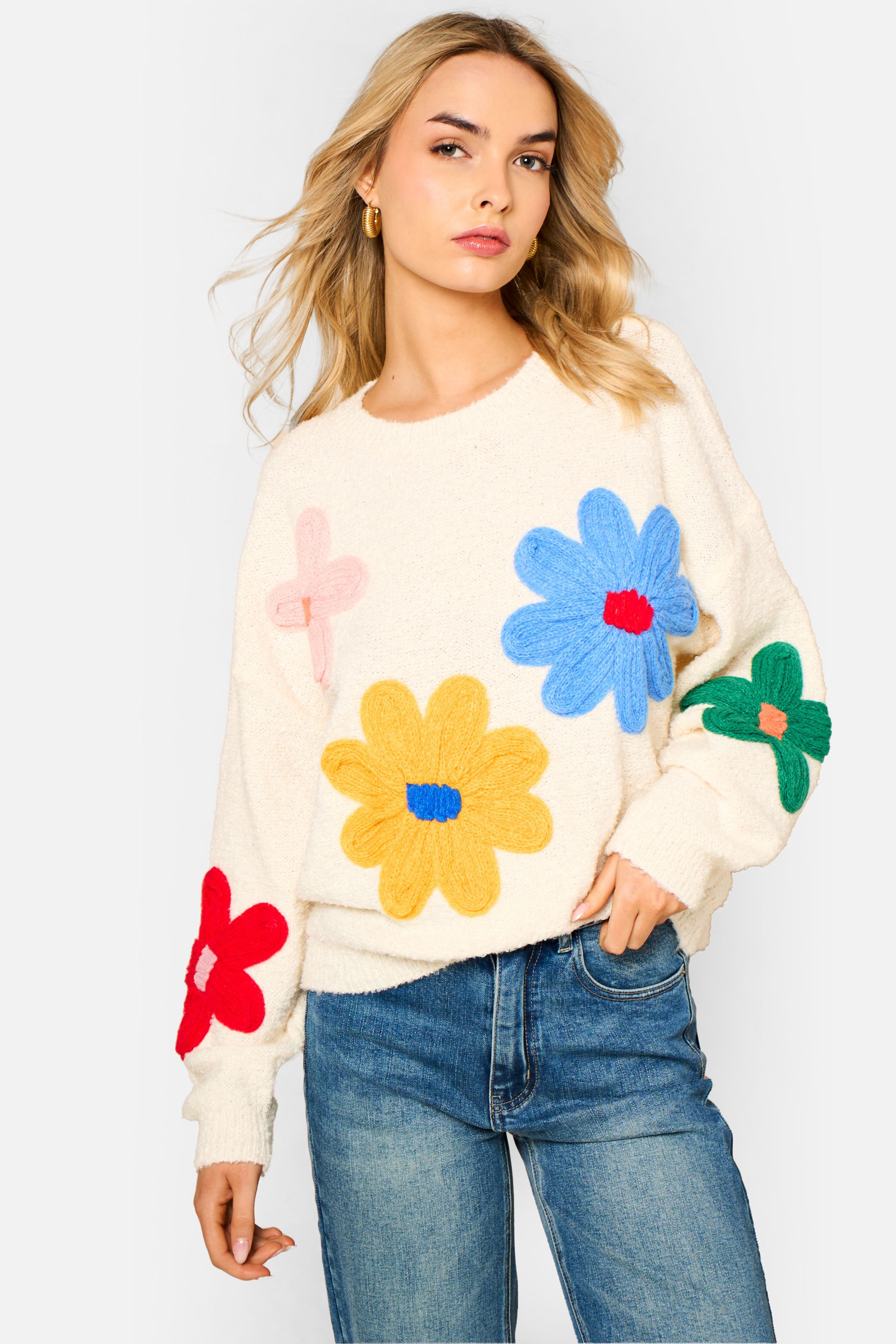 Gini London Cream 3D Flower Crochet Knitted Jumper