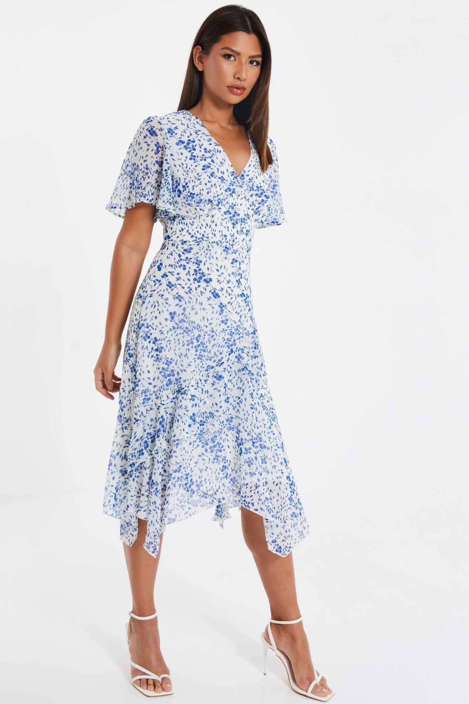 Quiz White & Blue Floral Frill Midi Dress