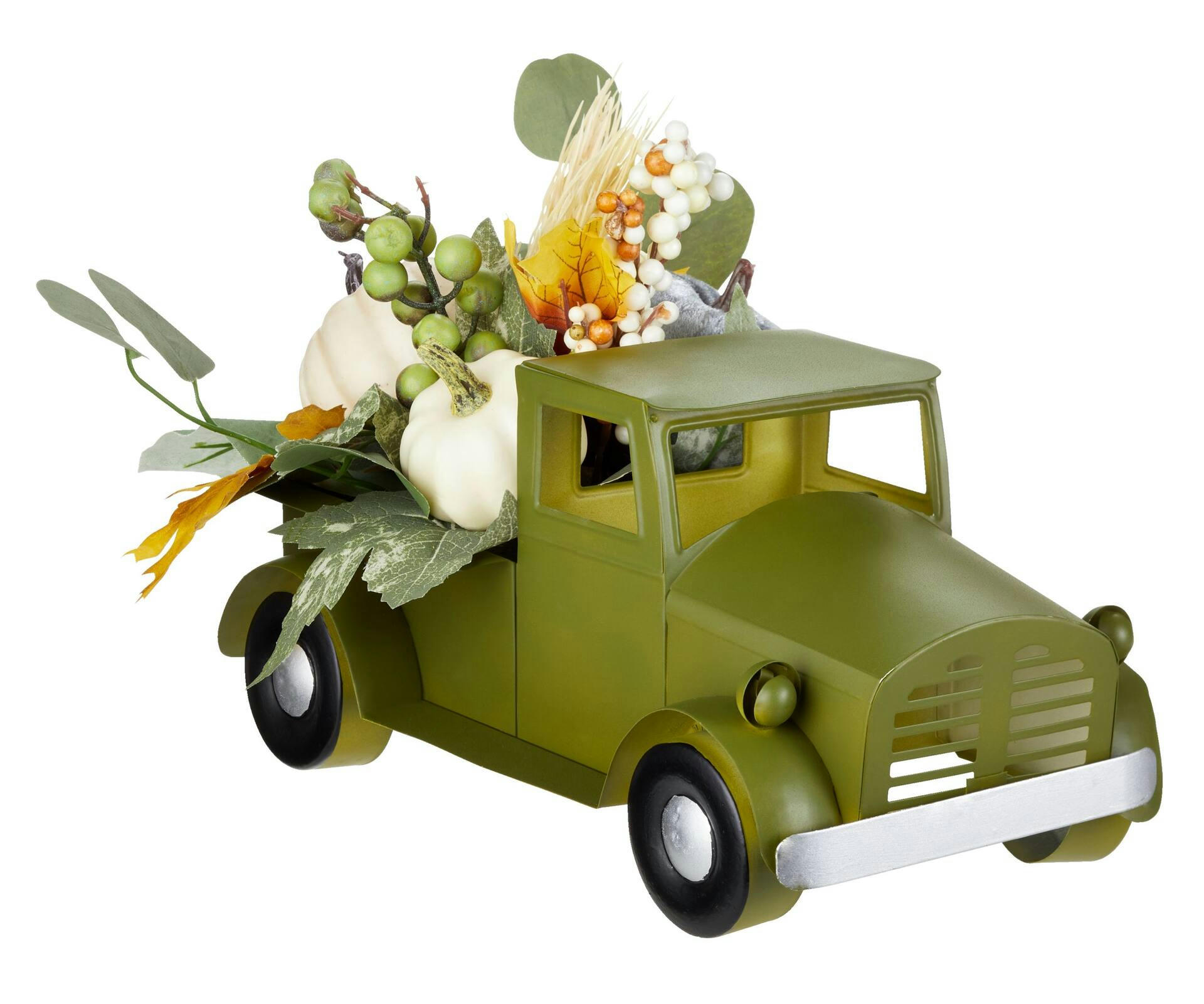 CANVAS Tabletop Truck with Florals & Pumpkins, Green, 8-in, Indoor Decoration for Fall