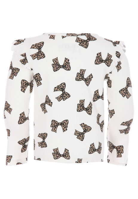 Younger Girls Cream Leopard Bow Frill Sleeve Top