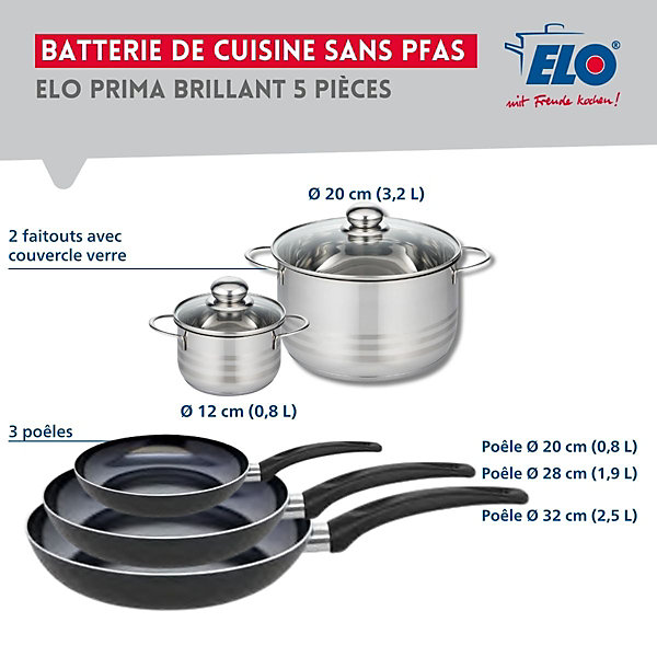 Ensemble de 3 Poêles de cuisson 20, 28 et 32 cm et 2 faitouts 12 et 20 cm Elo Prima Brillant