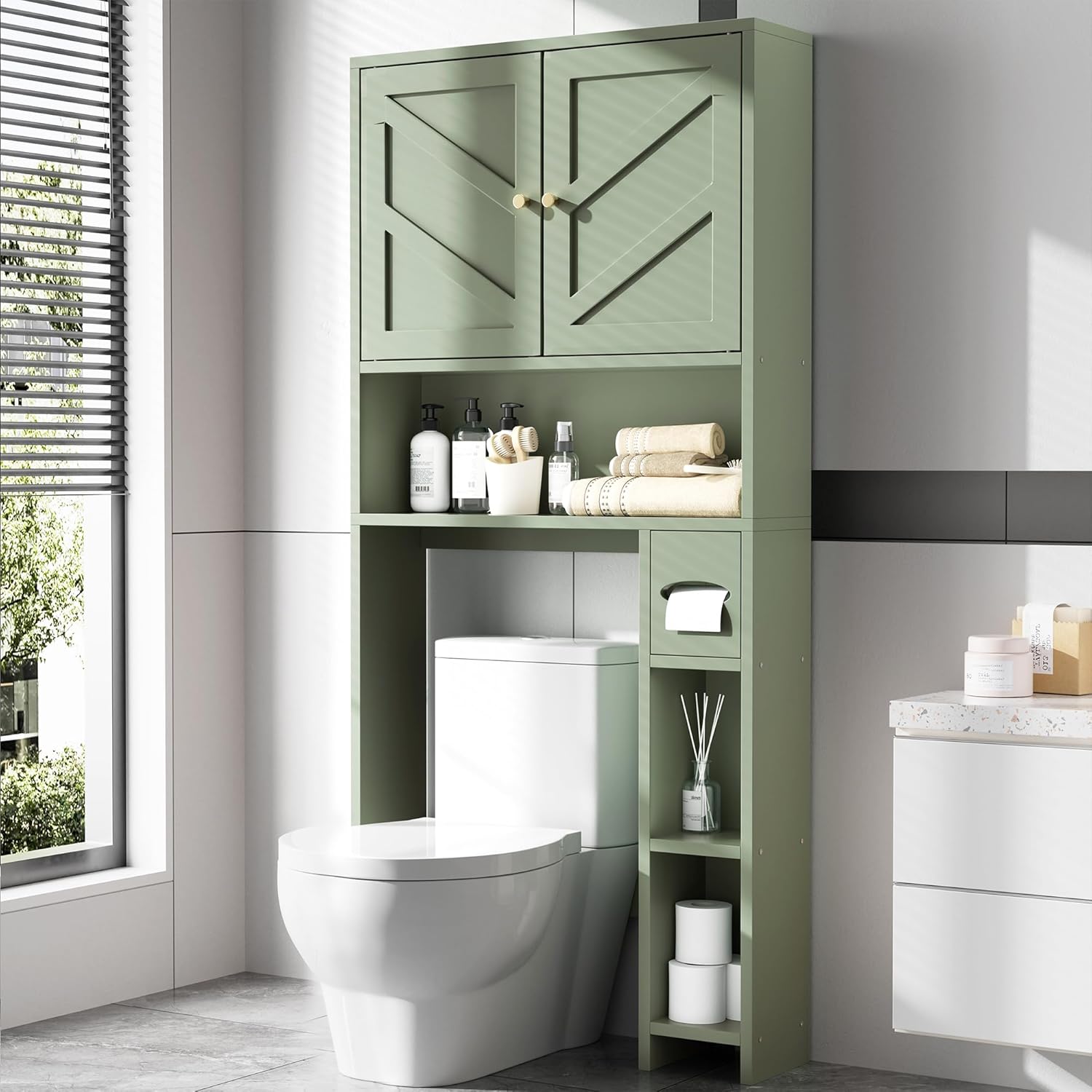 Meilocar 65.4 Over the Toilet Storage Cabinet, 29.1 Wide Bathroom Organizer with Toilet Paper Holder & Adjustable Shelf, Freestanding Space Saving Cabinet for Apartment, Laundry, Green