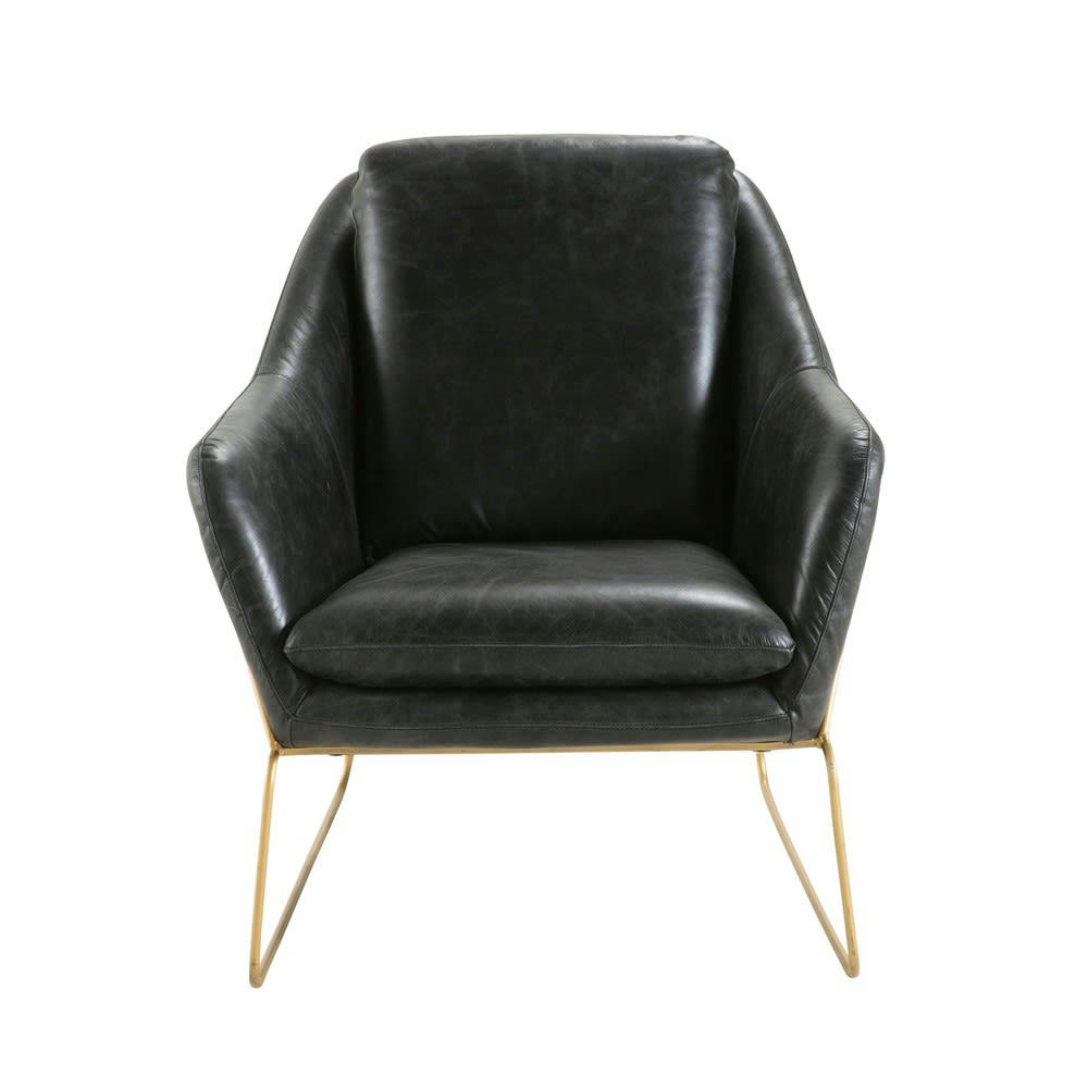 Majestic - Fauteuil en cuir noir vieilli et en métal laiton