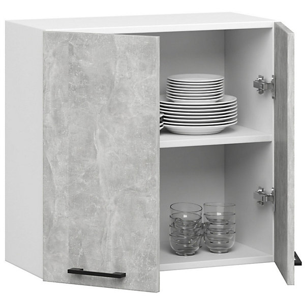 Meuble de cuisine suspendue : 2 portes, 2 étagères, blanc / béton, 60 x 58 x 30 cm