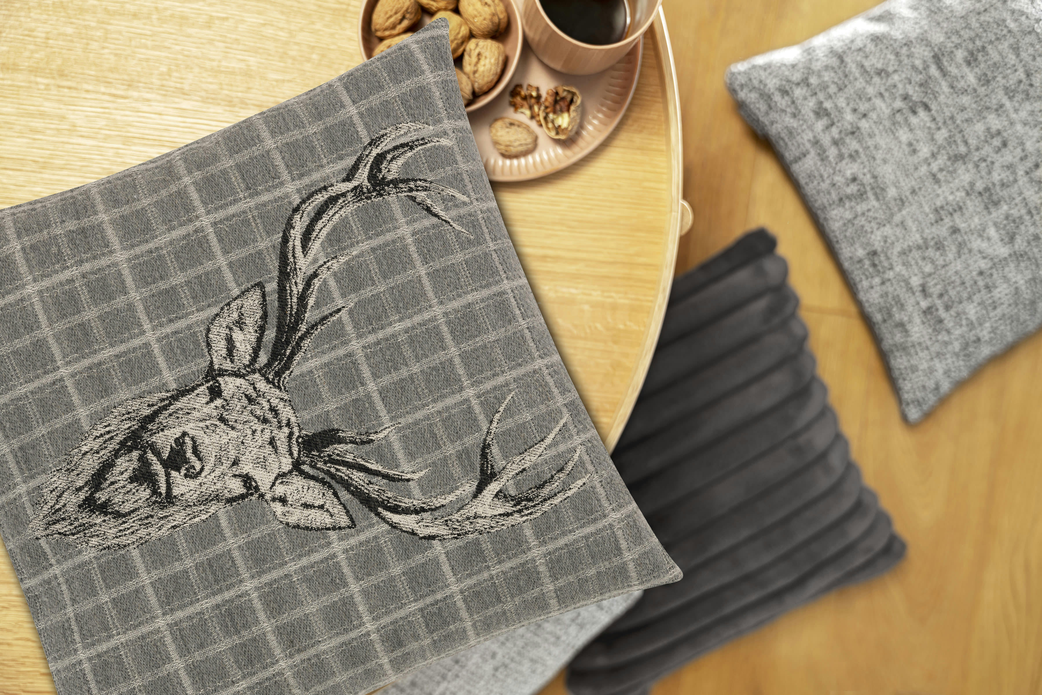 BURTON - Housse de coussin tête de cerf tartan gris coton-Lot de 2-45x45