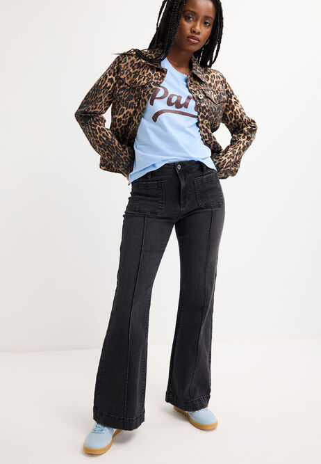 Womens Black Seam Flare Leg Jeans
