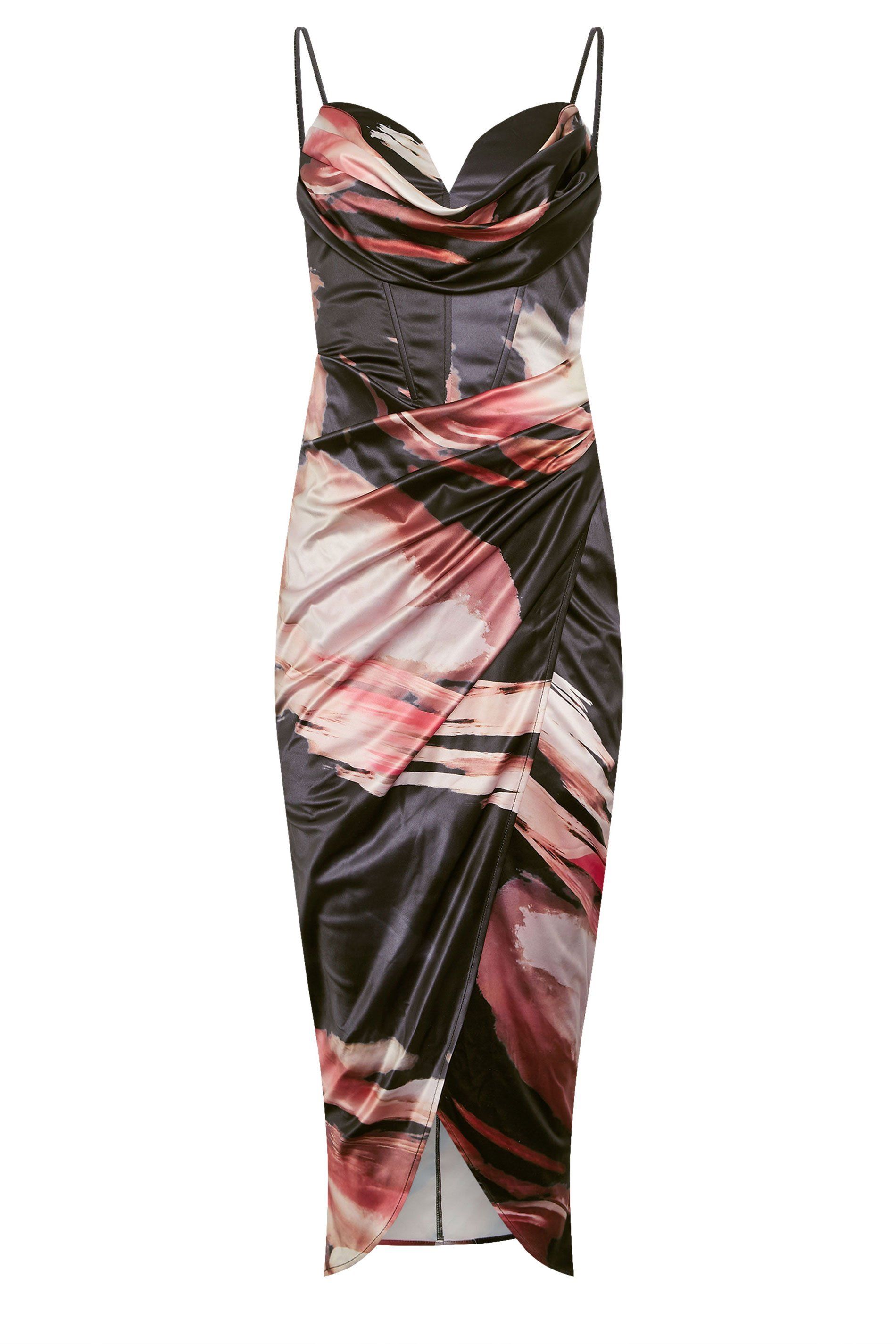 Star by Julien Macdonald Abstract Satin Corset Cowl Wrap Dress