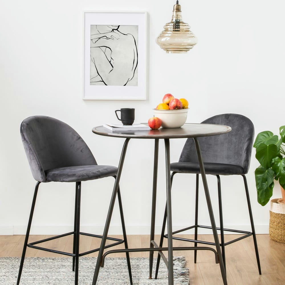 VITIKKO - Lot de 2 fauteuils de bar 65cm en velours et pieds noirs gris