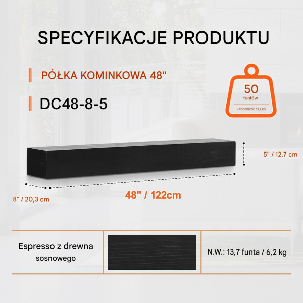 Półka na Kominek 121 cm Drewniana Sosnowa Wisząca do Salonu Espresso