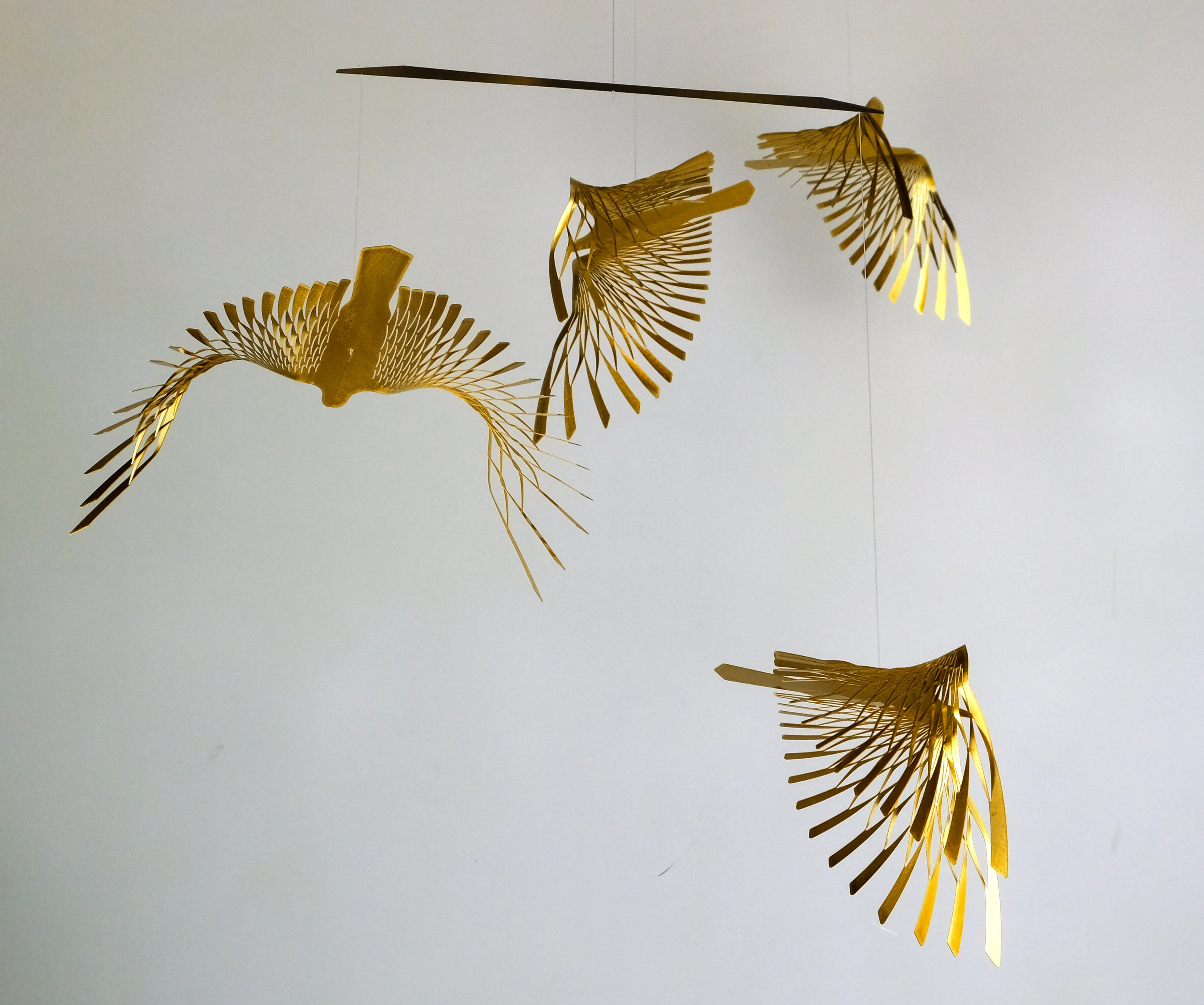 Golden Brass Bird Mobile, Kinetic Metal Art Sculpture, 4 or 5 Piece Flight