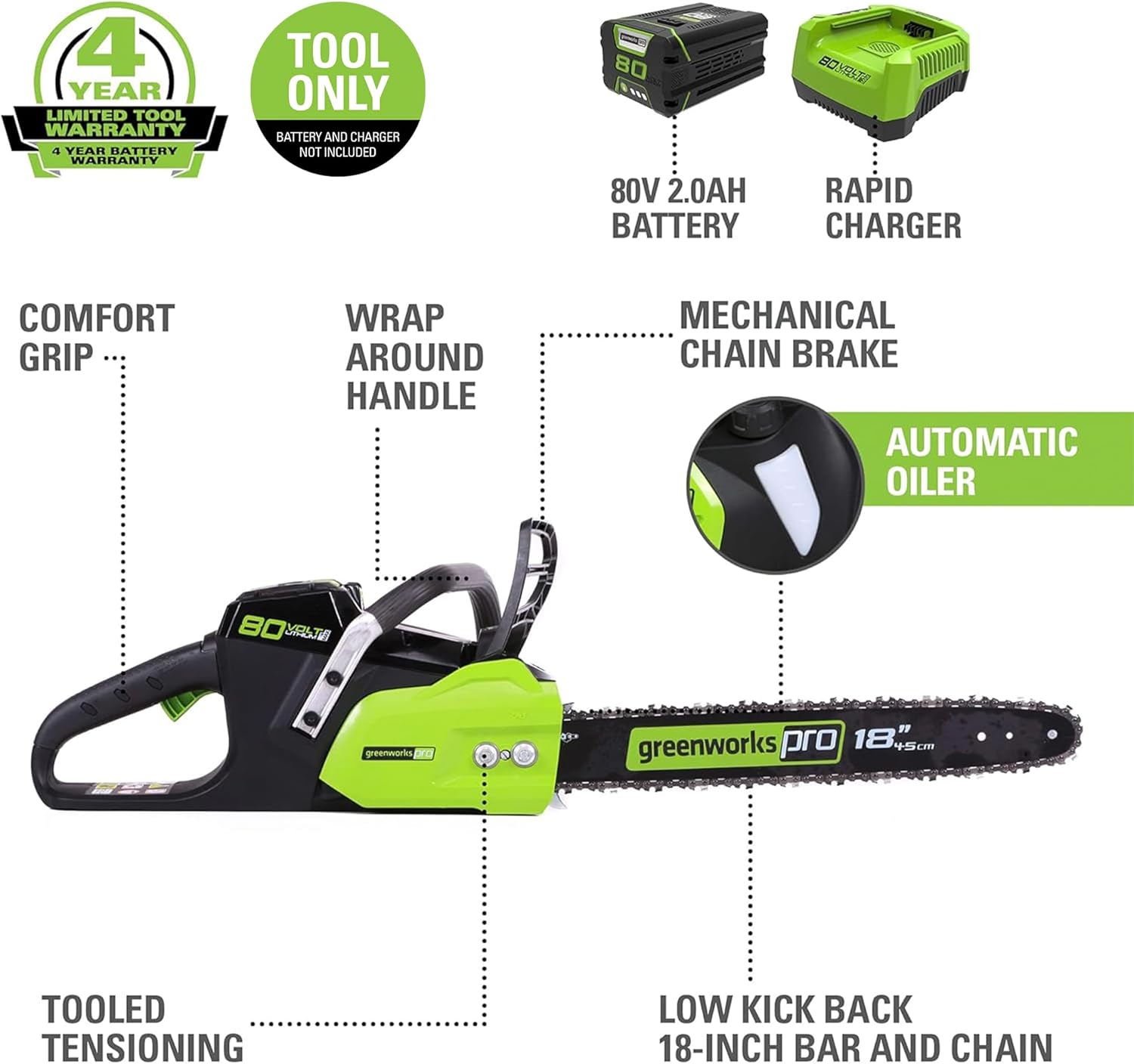 Greenworks 80V 18 Brushless Cordless Chainsaw (Great For Tree Felling  Limbing  Pruning  and Firewood) / 75+ Compatible Tools)  2.0Ah Battery and Rapid Charger Included