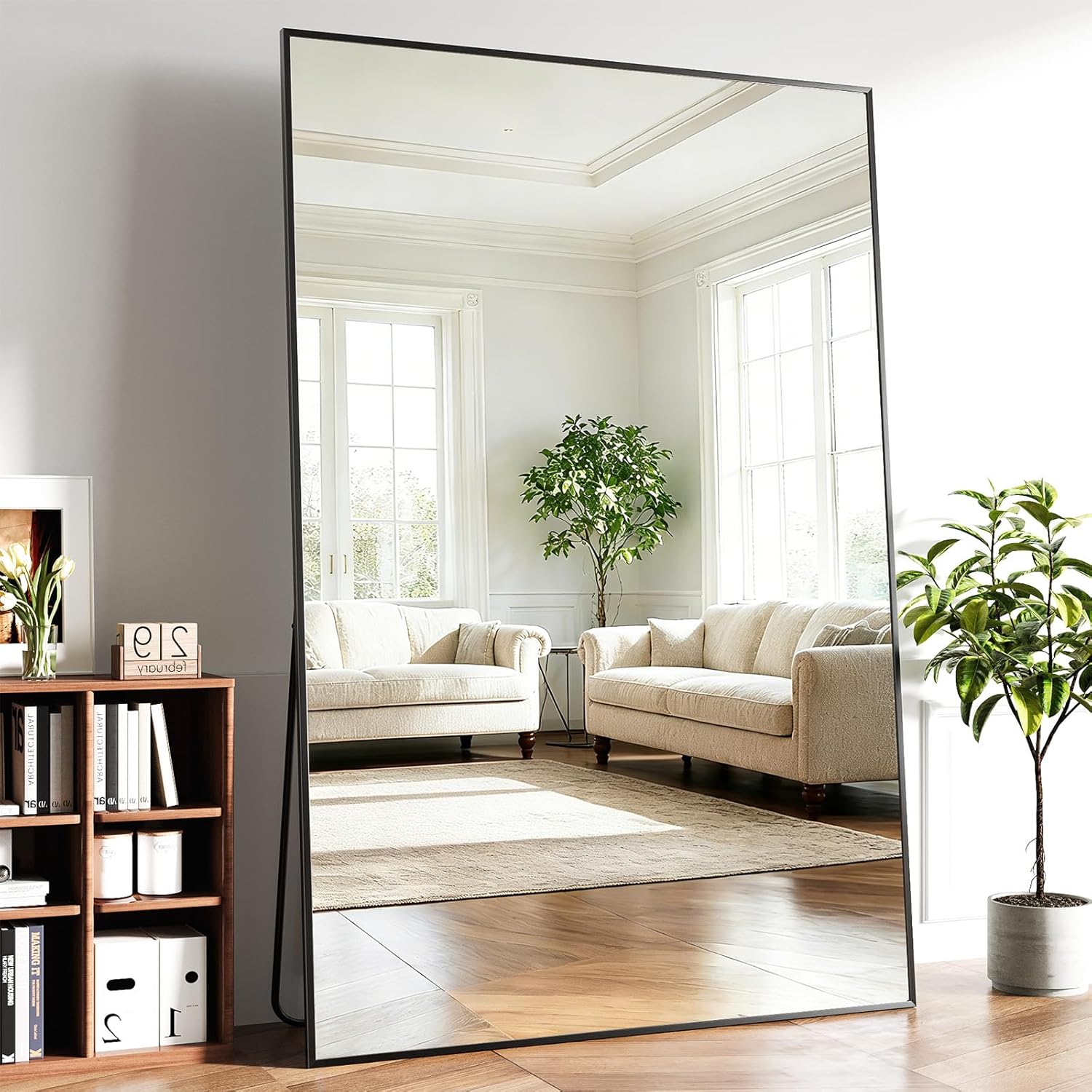 Full Length Mirror, 77x38 Large Floor Mirror with Stand, Tall Full Body Mirrors for Bedroom, Hanging Mounted for Living Room Cloakroom, Aluminum Alloy Frame, Black