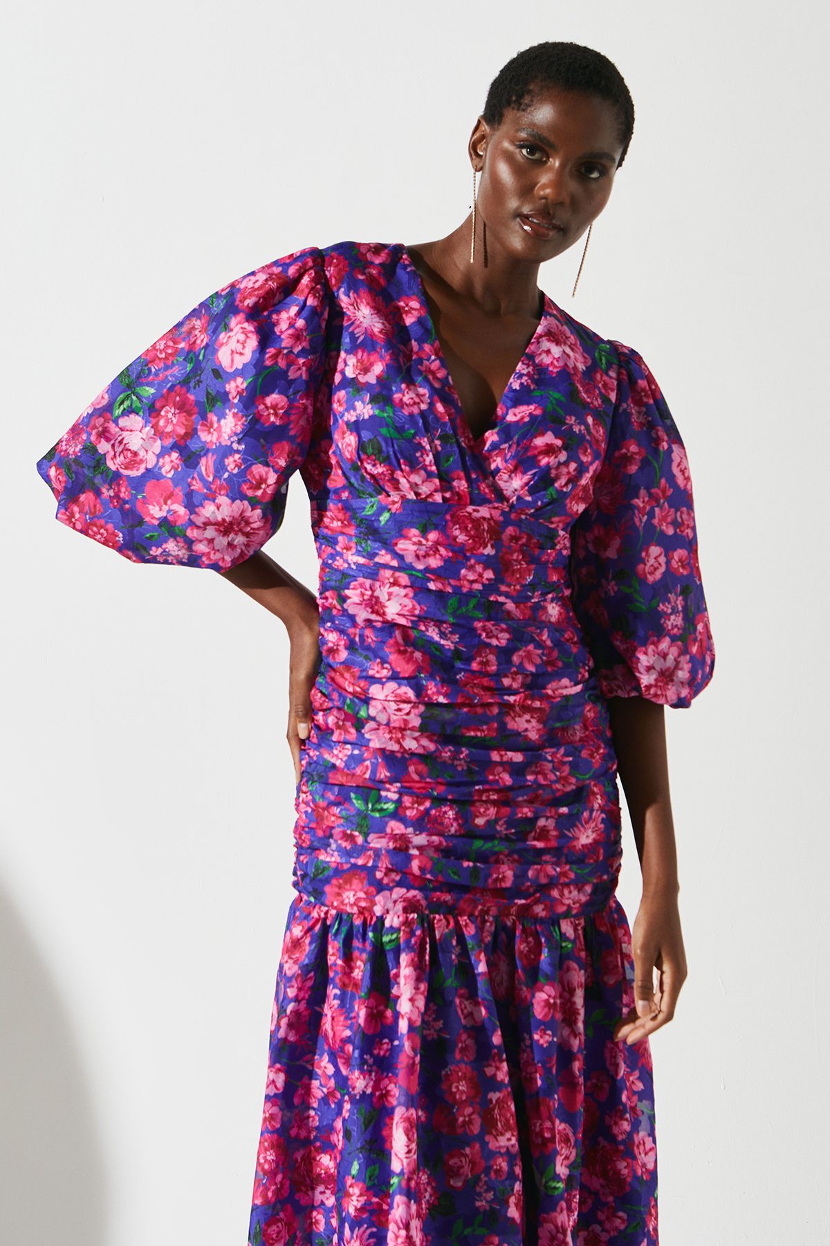 Coast Chiffon Printed Jacquard Gathered Puff Sleeve Dress