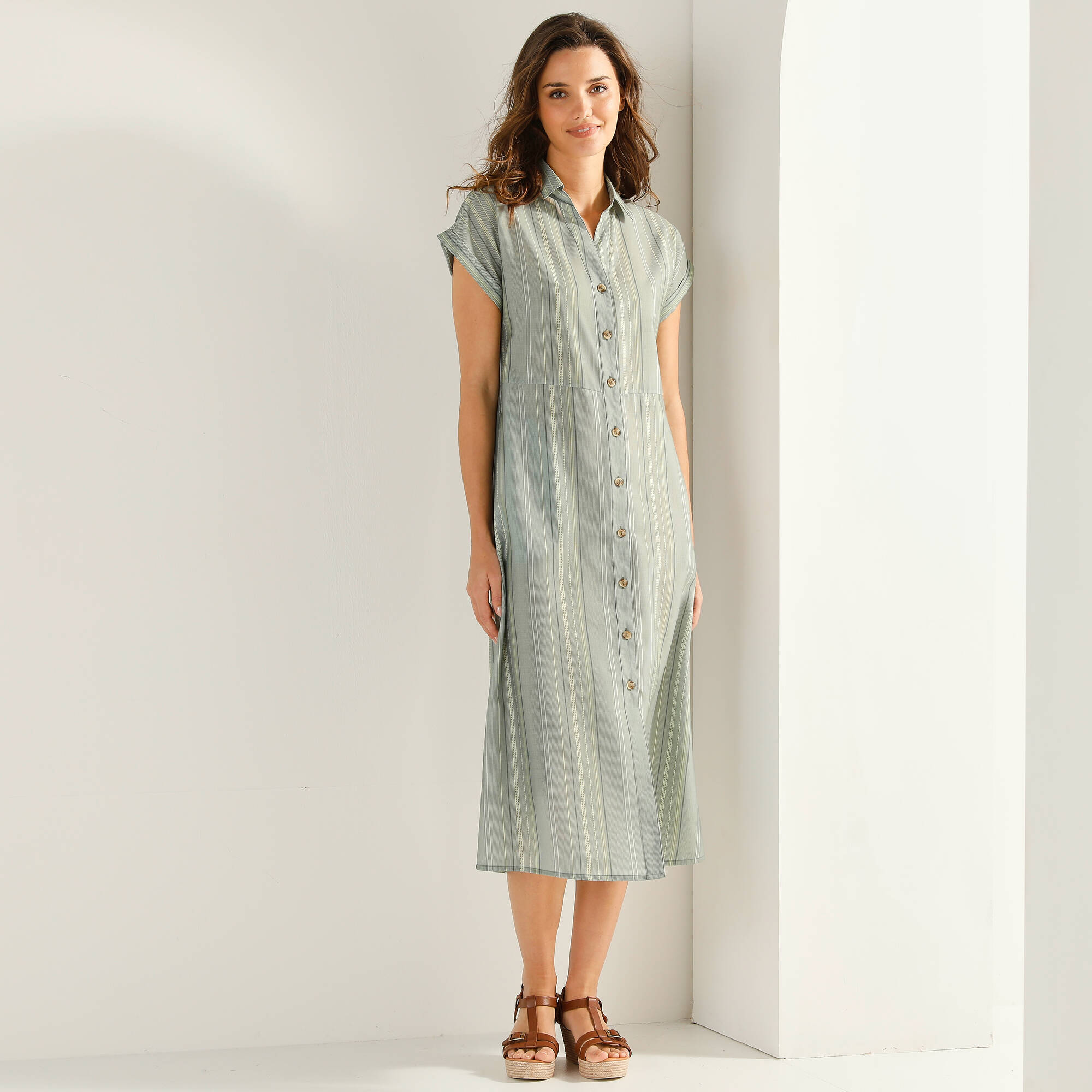 Robe chemise rayée, manches courtes, coton fils tissés teints