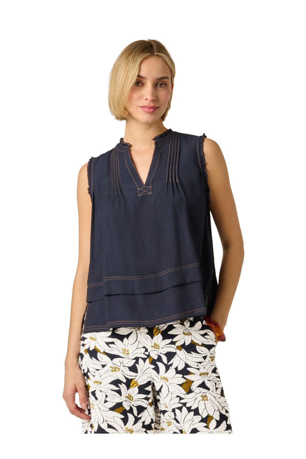 Adrianna Papell Sleeveless Mandarin Collar V-Placket Contrast Stitch Top