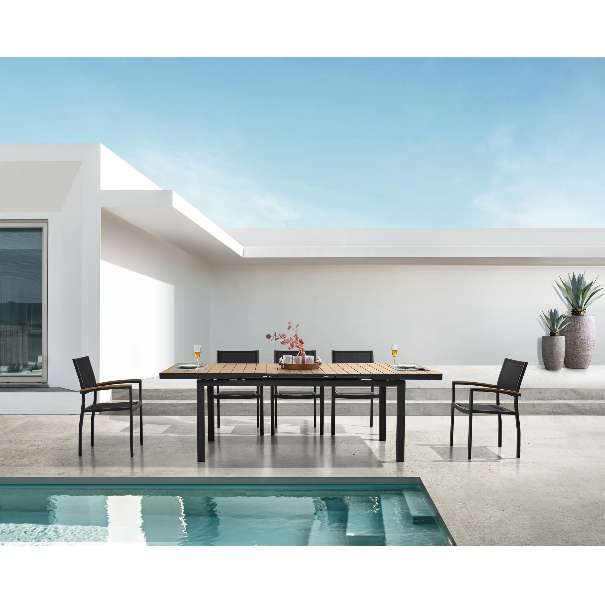 Carlo 9 Pieces Imitated Wood Plastic Outdoor Dining set for 8 Person, Extendable Table and Stackable Chair