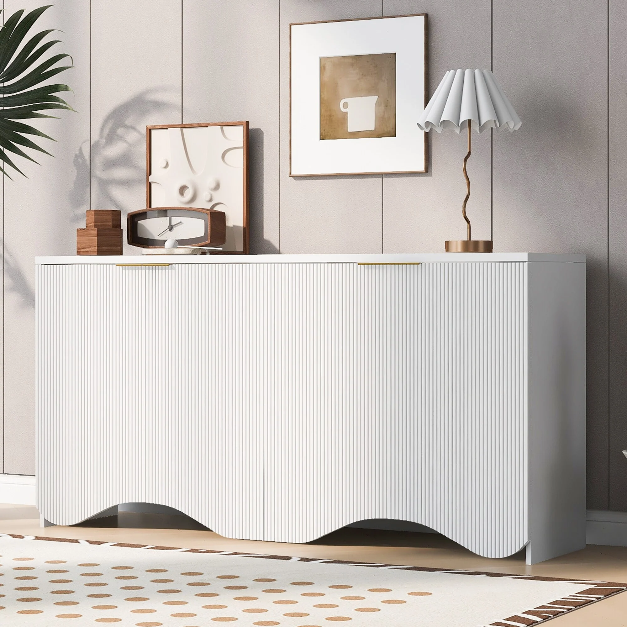 Modern Sideboard with Vertical Stripes Wavy Door, Solid Wood Storage Cabinet with Adjustable Shelves for Kitchen