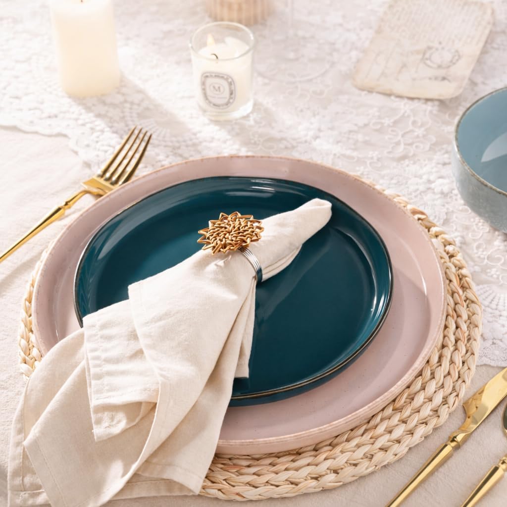 AmorArc Ceramic Dinnerware Sets for 4, 12 Pieces Handpainted Plates and Bowls Set with Rustic Terracotta Underside, Scratch Resistant Stoneware Dishes Set, Dishwasher & Microwave Safe, Multi-Color