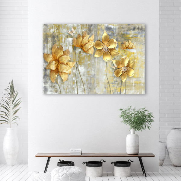 Feeby Obraz na płótnie, Złote kwiaty i motyle 60x40