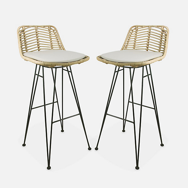 Lot de 2 tabourets de bar 75cm. métal et rotin. assise beige - Cahya