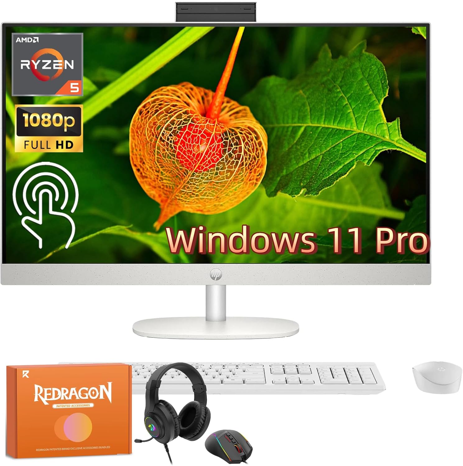 HP All in One Desktop Computer 27 Inch  AMD Ryzen 5 7520U  AMD Radeon Graphics  16GB DDR5  1TB SSD  FHD (1920 x 1080) Anti-glare Touchscreen  Wi-Fi 6  Windows 11 Pro  Headphone and Mouse Accessory Kit