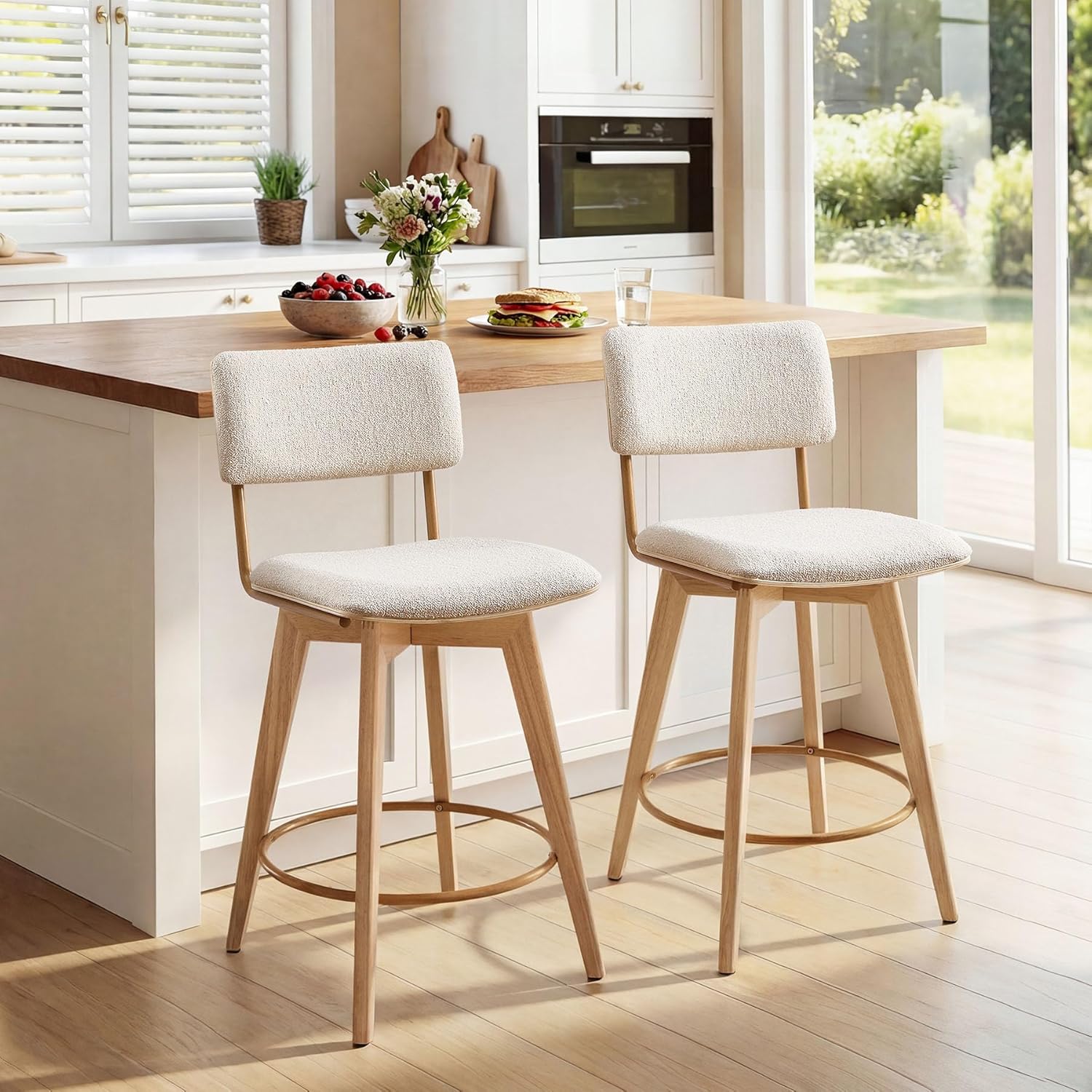 Swivel Counter Height Barstools, 26 Natural Wood Bar Stools Set of 2, Kitchen Counter Stools with Wooden Legs, Linen Fabric Island Chairs for Kitchen Island and Home Pub, Beige + Natural Finish