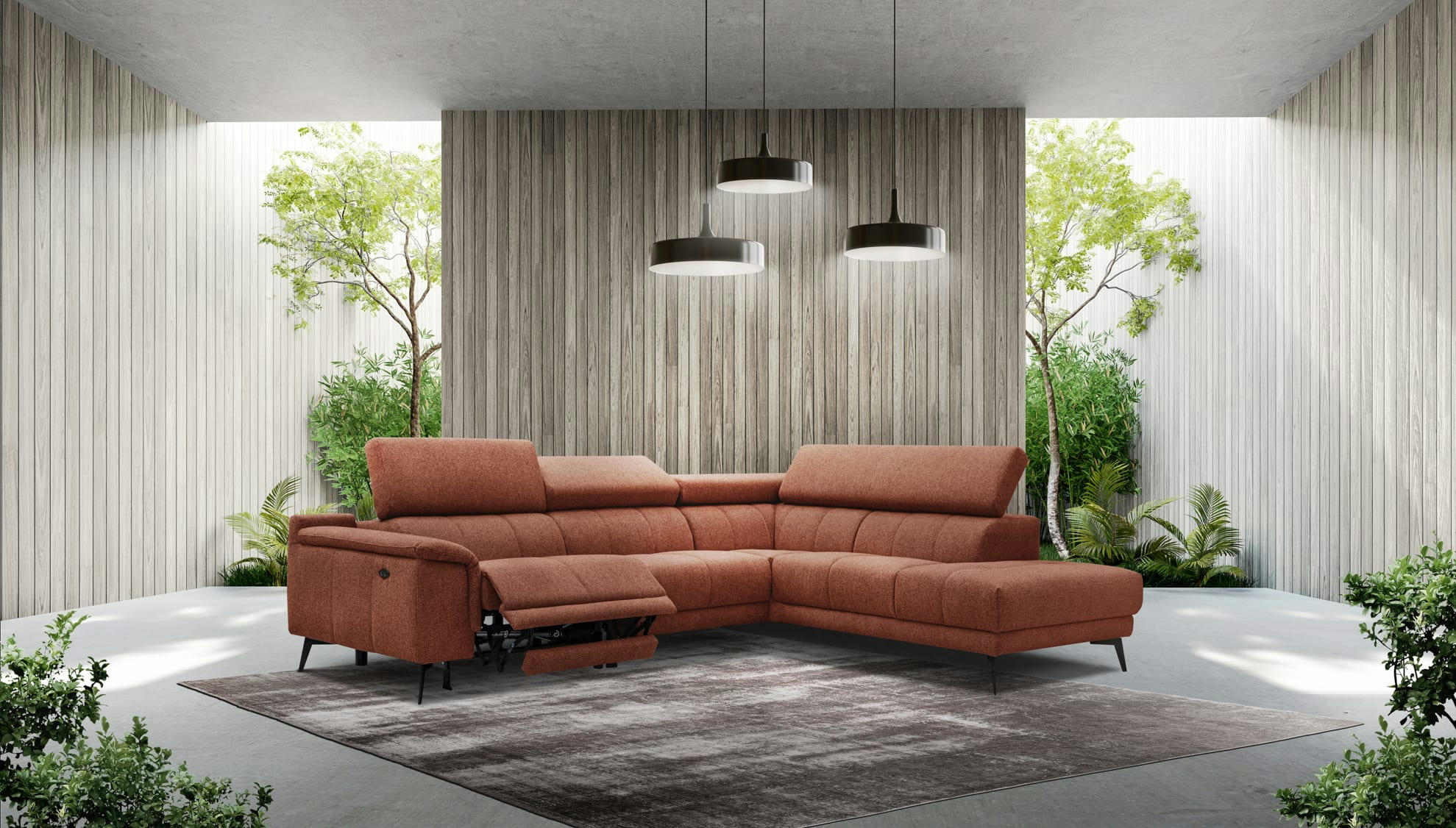 FIERO - Canapé d'angle droit 5 places avec une relax électrique tissu brique