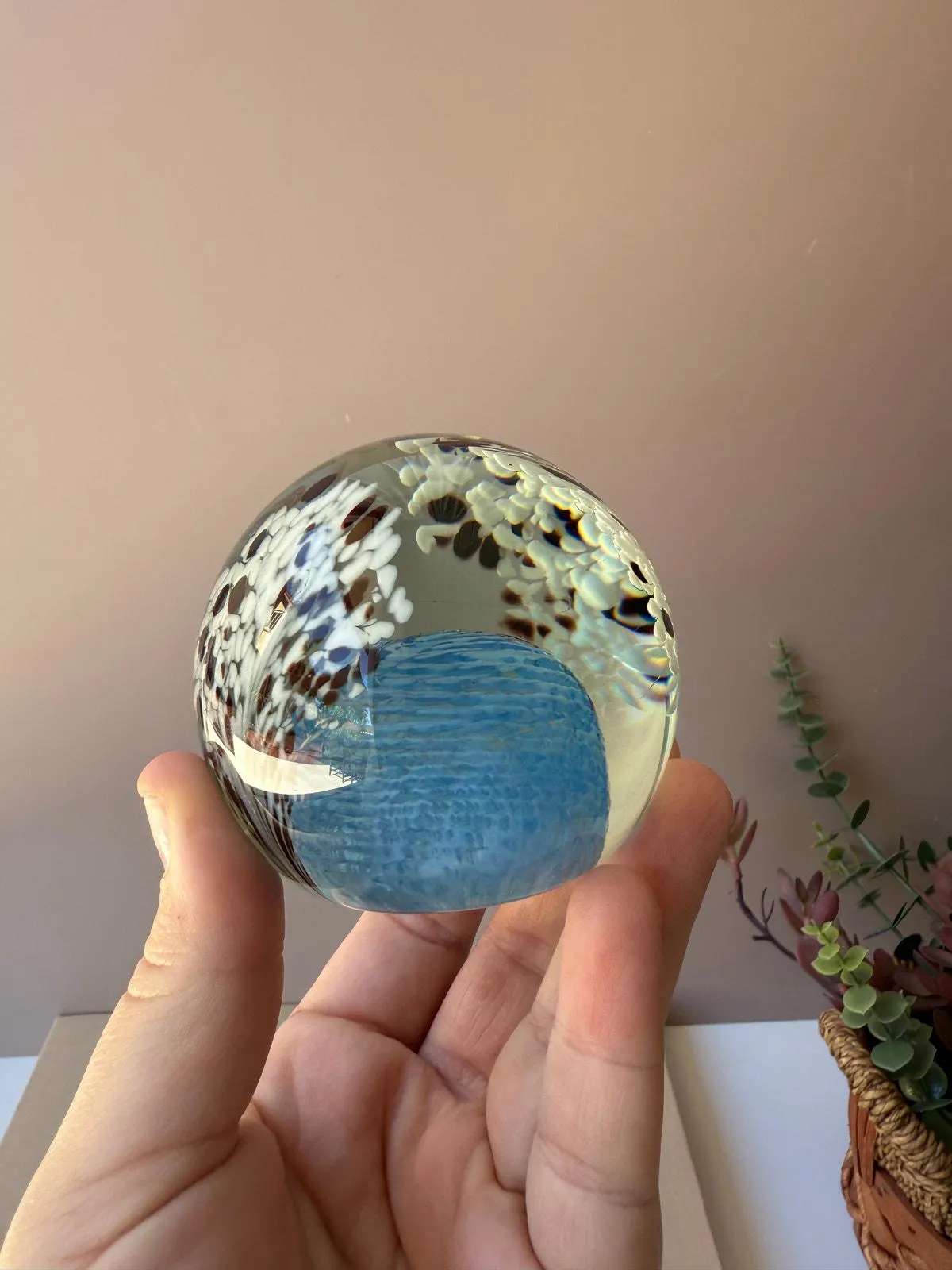 Glass Eye Studio Paperweight Signed & Dated | Blue Swirl Center Black White Spray | Art Glass Collectible