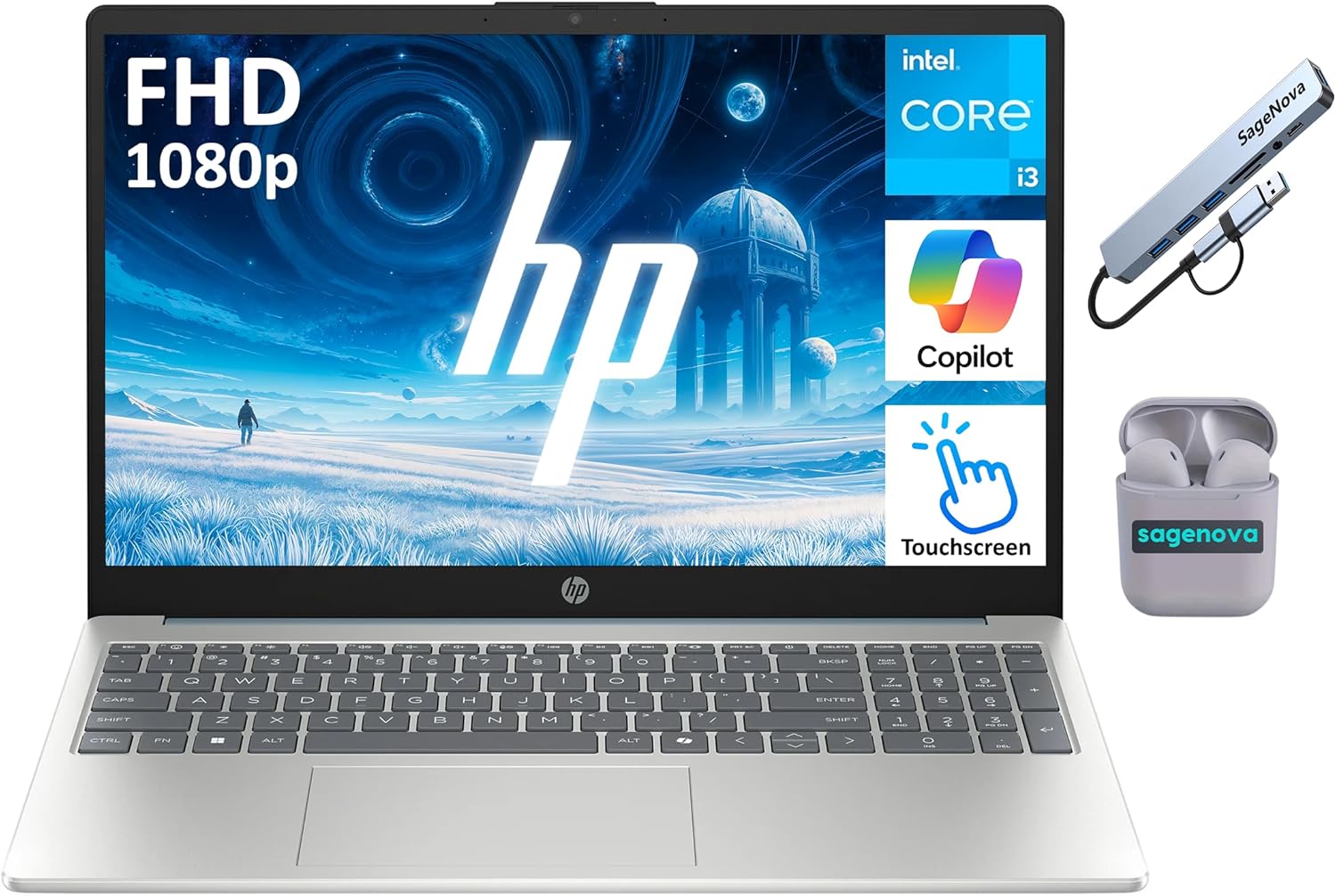 HP 15.6 FHD Touchscreen Laptop Computer  16GB RAM 512GB Storage (256GB SSD+256GB Docking Station Set)  8-Core Intel Core i3 Processor  Windows 11 with Copilot AI  SageNova Earphones  Moonlight Blue