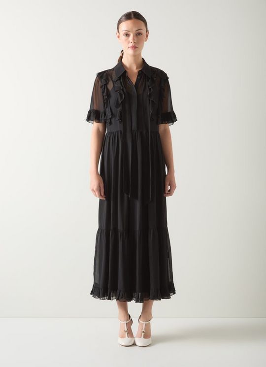 Corissa Black Viscose Frill Detail Chiffon Shirt dress
