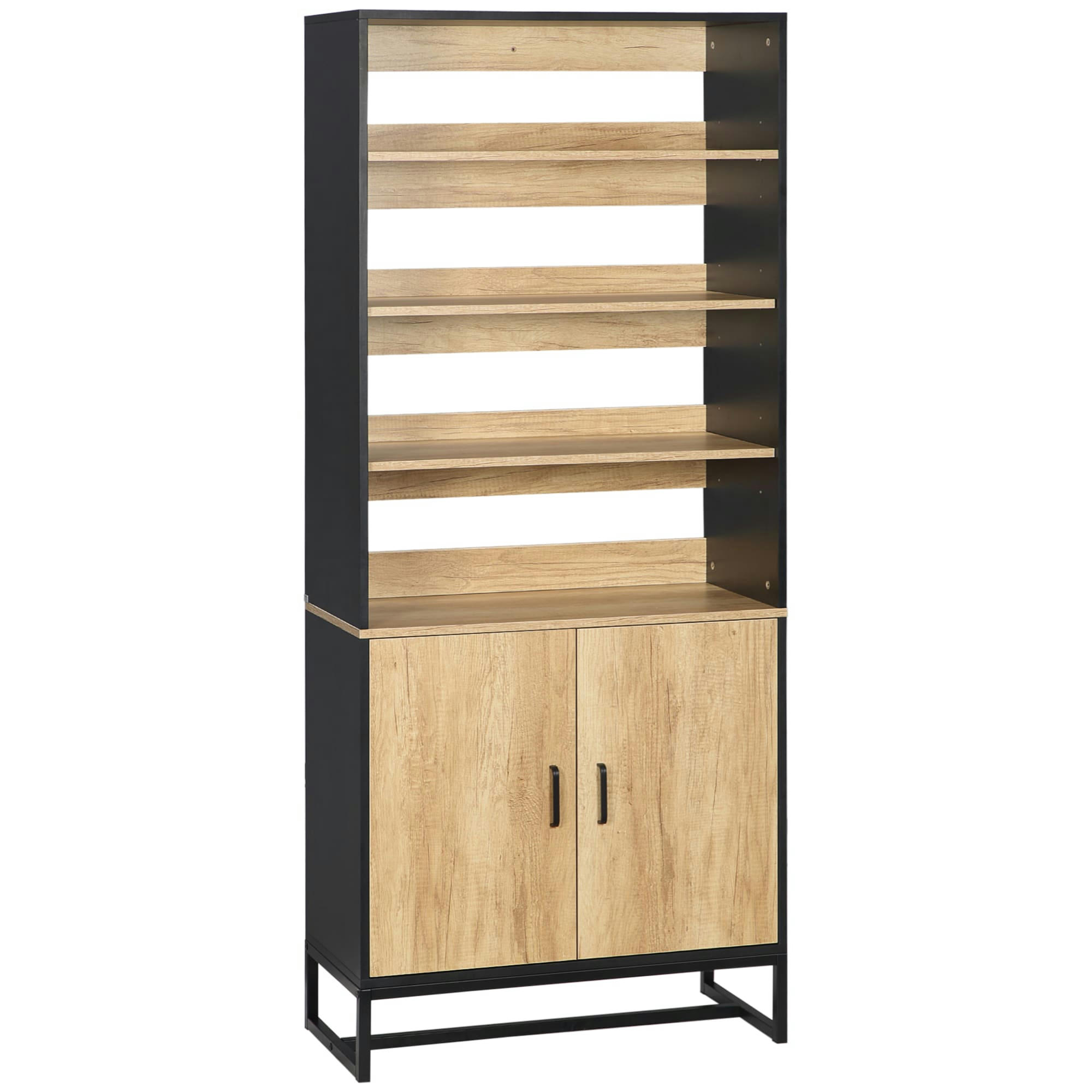 - Buffet haut 2 portes total 5 étagères acier noir aspect bois clair