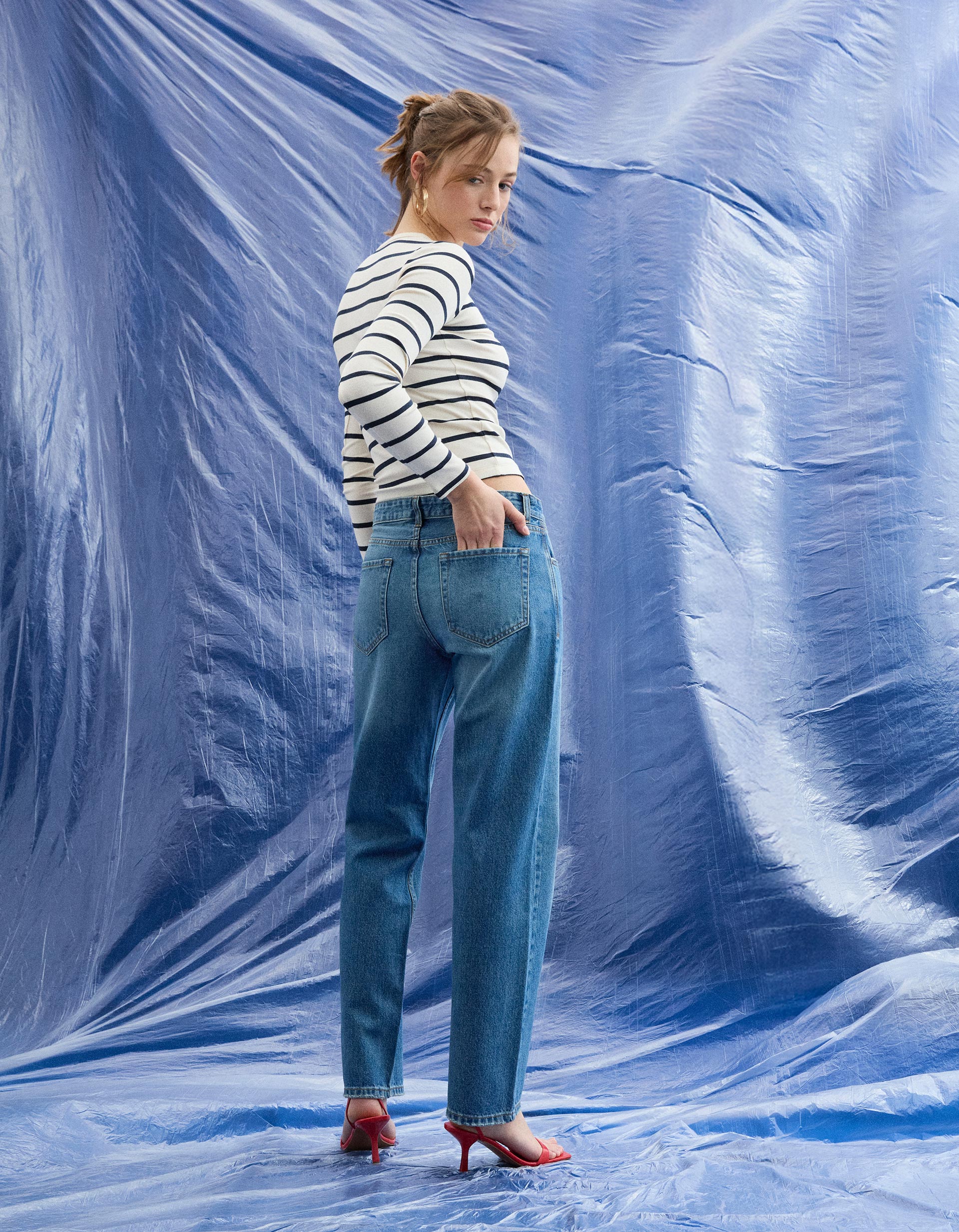 Calças de Ganga 'Straight Fit', Mulher, Azul