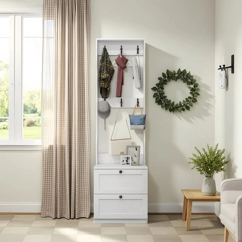 2-in-1 Hall Tree with 2 Drawers & 6 Hooks – Freestanding Entryway Organizer