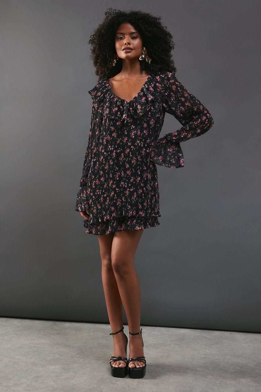 Warehouse Floral Pleated Chiffon V Neck Mini Swing Dress