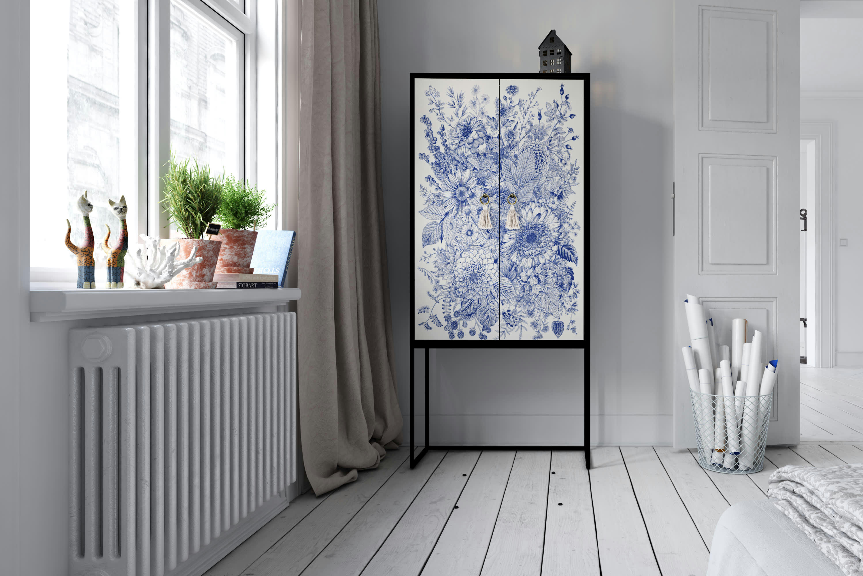 NILO - Buffet armoire 2 portes en MDF imprimé floral bleu