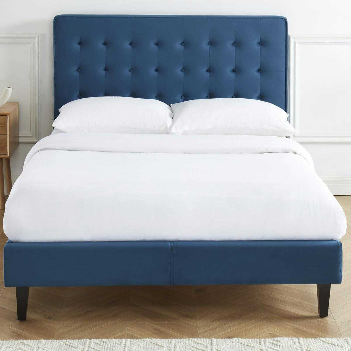 MARIE - Lit adulte en velours bleu canard, sommier à lattes, 140x190