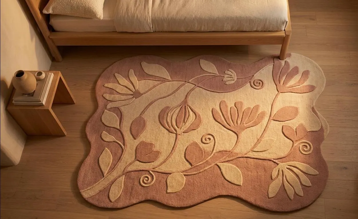 Handmade Tufted Wool Rug, Irregular Floral Area Rug, Organic Botanical Rug, Boho Bedroom Rug, Modern Abstract Rug, Cozy Home Decor