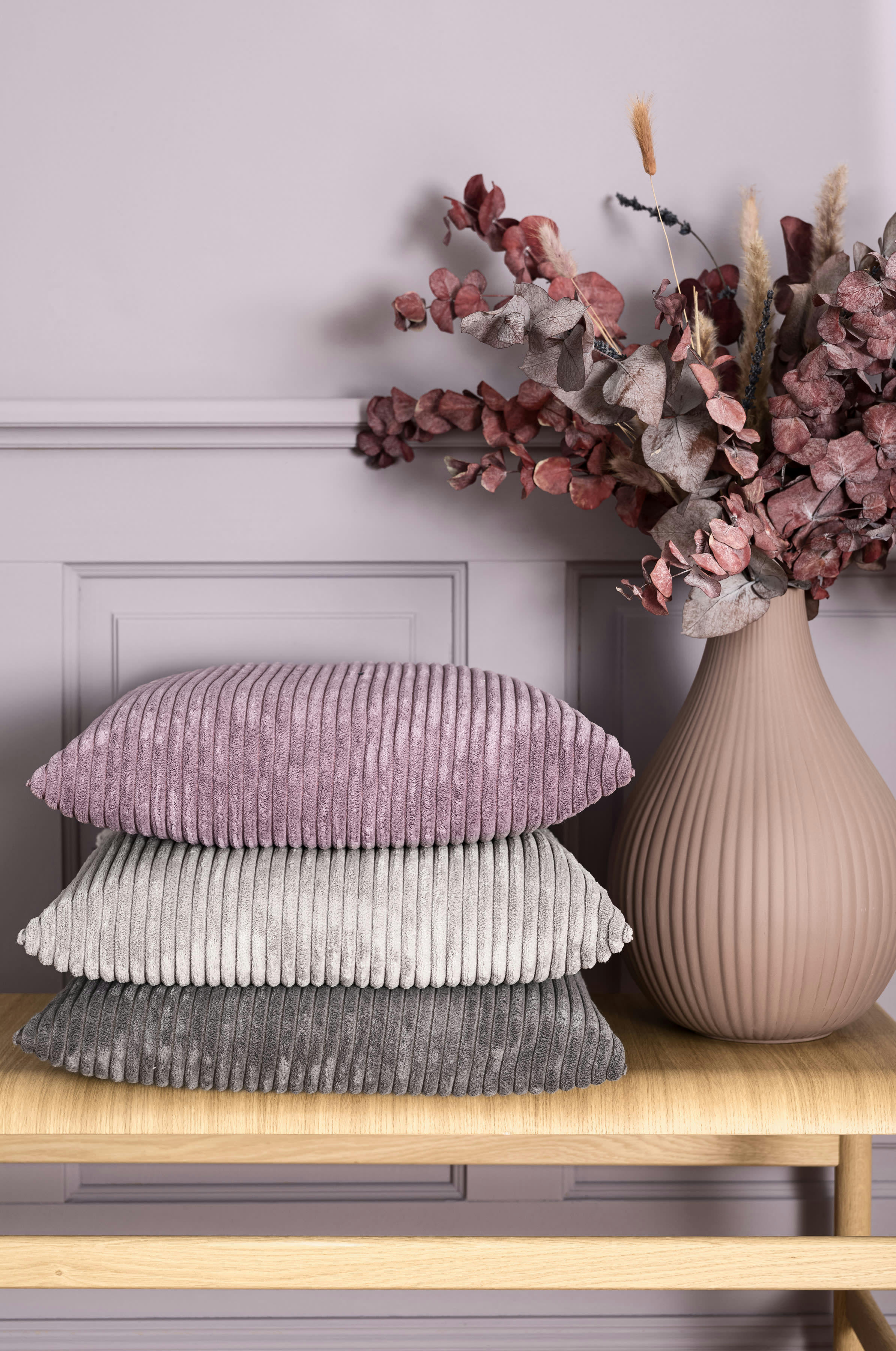 SHARA - Housses de coussin velours côtelé mauve - Lot de 2 - 45x45